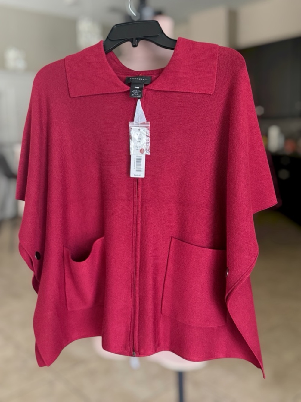 Investments  Berry Red Zip-Front Knit Poncho